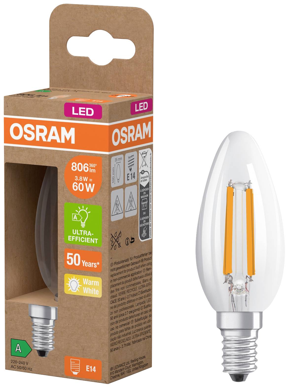 OSRAM HOMELIGHTING 4099854255120 LED EEK A (A - G) E14 Kerzenform 3.8W = 60W Warmweiß (Ø x H) 35mm x 35mm 1St.