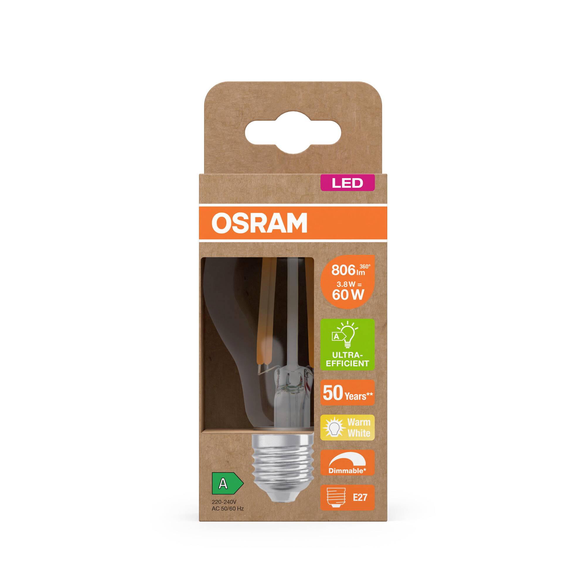 OSRAM HOMELIGHTING 4099854265488 LED EEK A (A - G) E27 Glühlampenform 3.8W = 60W Warmweiß (Ø x H) 60mm x 60mm 1St.