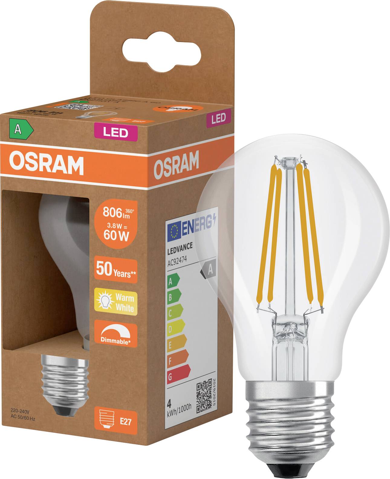 OSRAM LED-Glühbirne in orangefarbener Einzelhandelverpackung, zeigt eine E27-dimmbare warmweiße Glühbirne mit 806 Lumen und 60-W-Entsprechung.