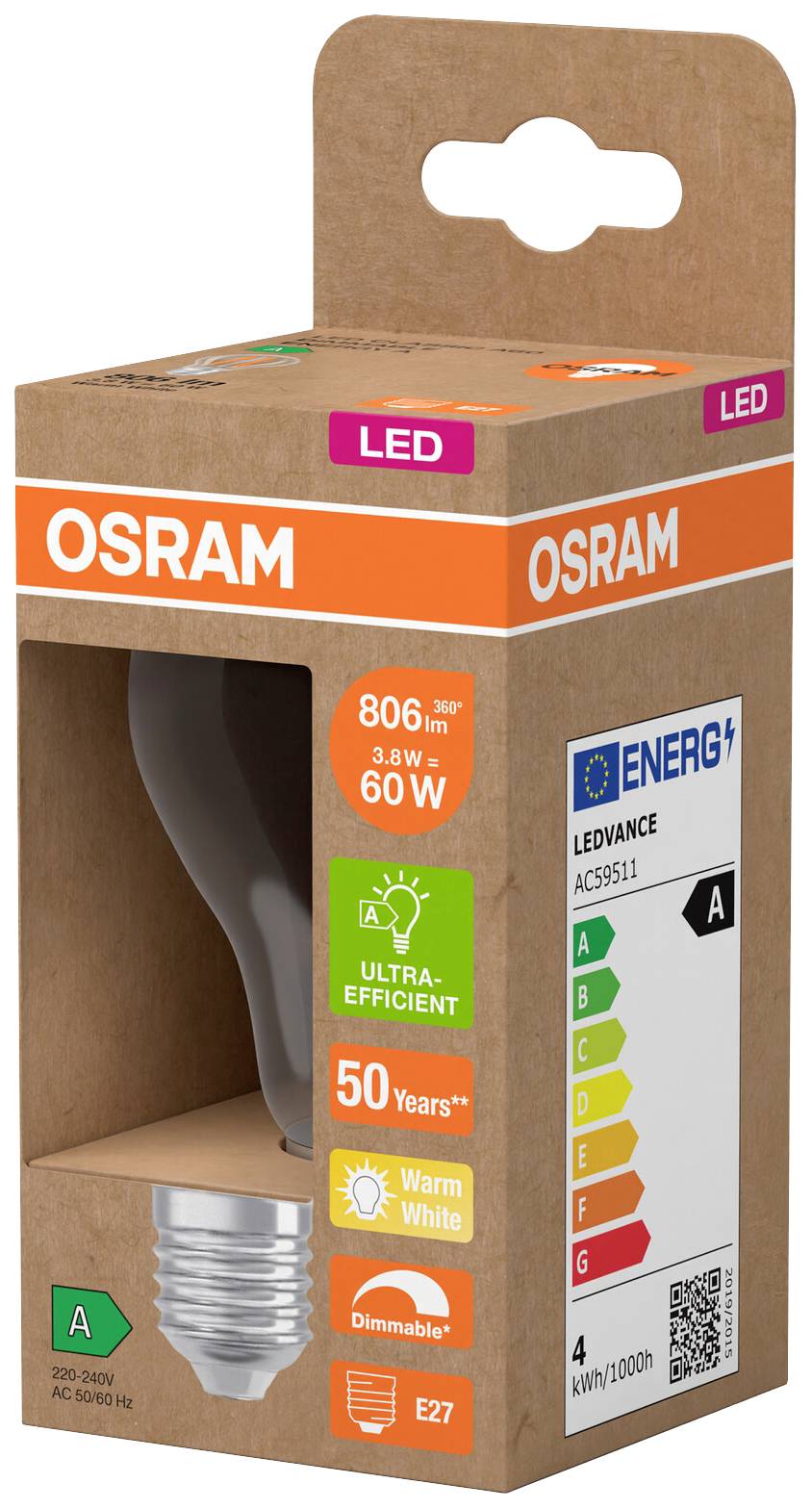 OSRAM HOMELIGHTING 4099854265488 LED EEK A (A - G) E27 Glühlampenform 3.8W = 60W Warmweiß (Ø x H) 60mm x 60mm 1St.
