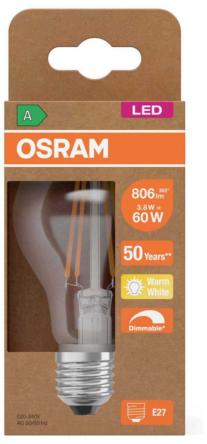 OSRAM LED-Glühbirne dimmbar, warmweiß, 60-W-Äquivalent, 806 lm, E27-Sockel, 50 Jahre Lebensdauer.