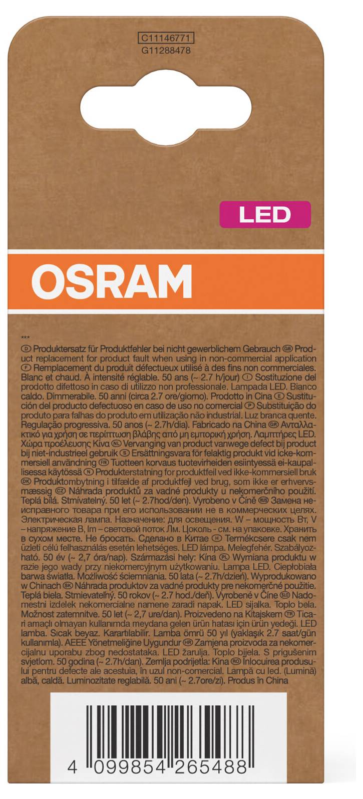 OSRAM LED-Glühbirnenpackung in brauner und oranger Einzelhandelsverpackung mit einem Barcode am unteren Ende.