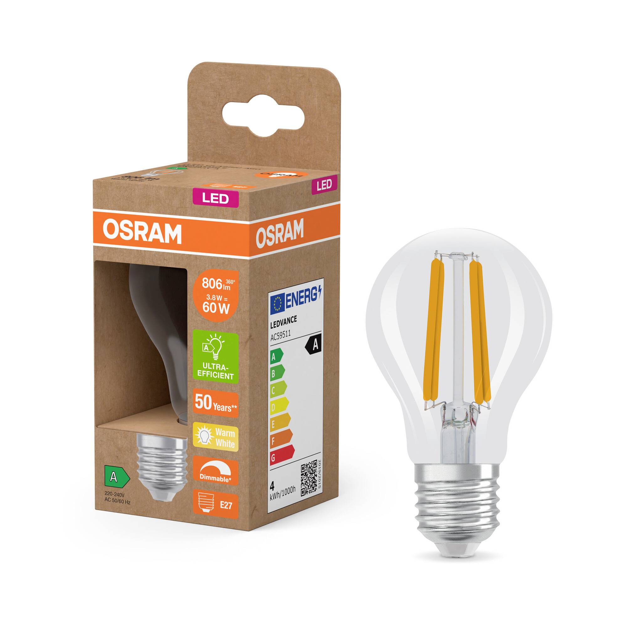 OSRAM HOMELIGHTING 4099854265488 LED EEK A (A - G) E27 Glühlampenform 3.8W = 60W Warmweiß (Ø x H) 60mm x 60mm 1St.