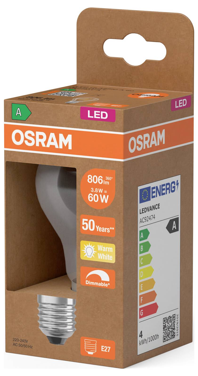 OSRAM LED-Leuchtmittel Einzelhandelskarton mit 60-W-Äquivalent, Warmweiß, dimmbar, E27-Fassung, Energieklasse A.