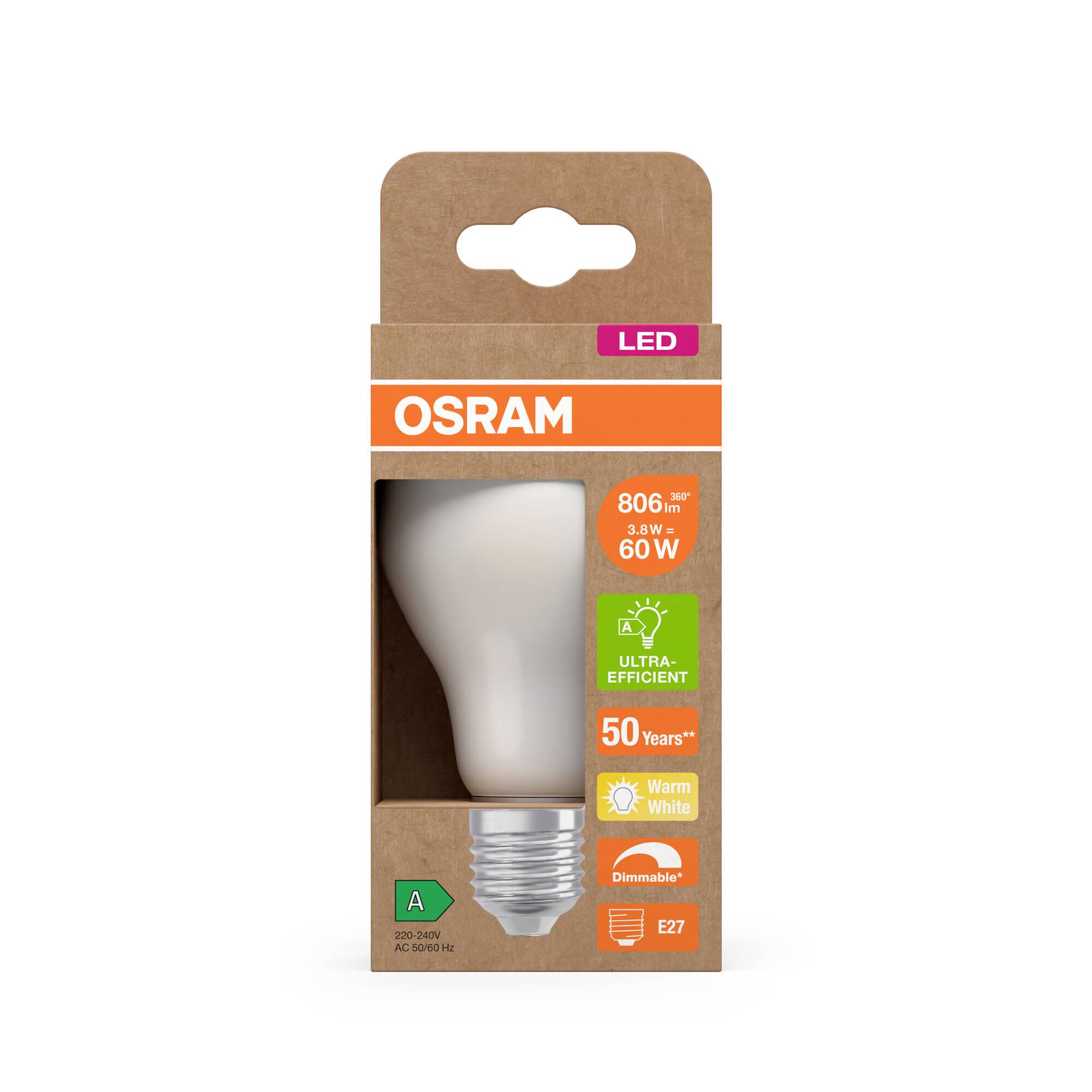 OSRAM HOMELIGHTING 4099854265501 LED EEK A (A - G) E27 Glühlampenform 3.8W = 60W Warmweiß (Ø x H) 60mm x 60mm 1St.