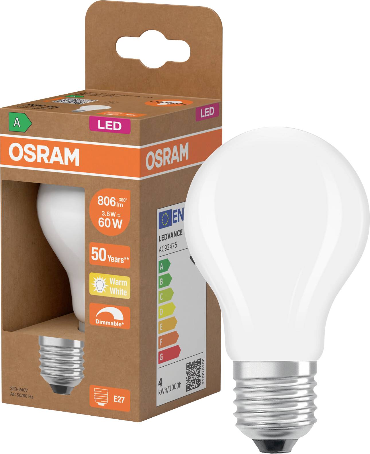 OSRAM LED-Glühbirne in Einzelhandelsverpackung, gekennzeichnet mit 8,6W, 806 Lumen, 60W-Äquivalent, Warmweiß, dimmbar, E27-Fassung.