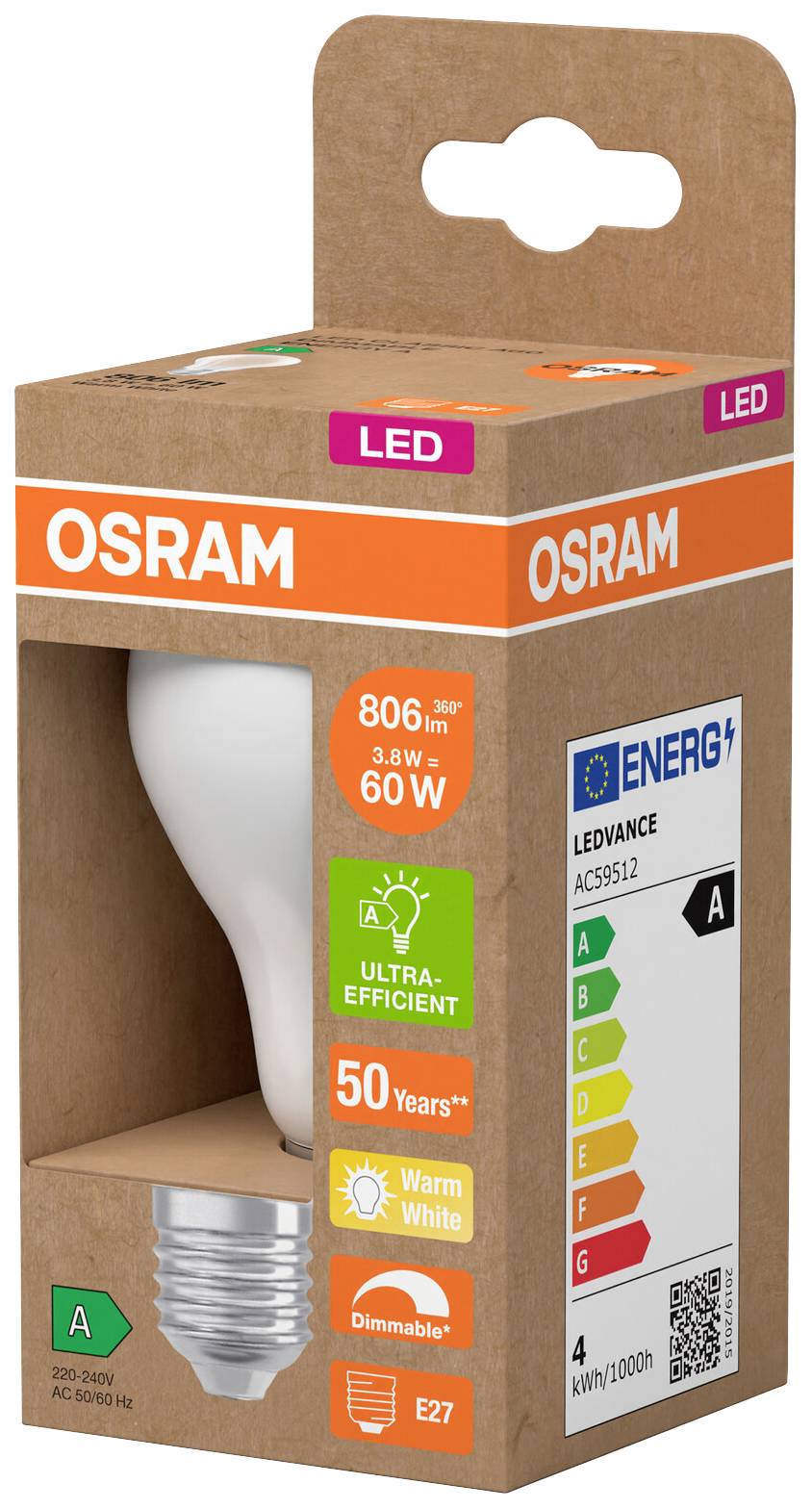 OSRAM HOMELIGHTING 4099854265501 LED EEK A (A - G) E27 Glühlampenform 3.8W = 60W Warmweiß (Ø x H) 60mm x 60mm 1St.