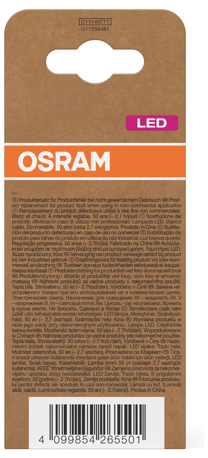 OSRAM LED-Glühbirne in Einzelhandelsverpackung in Braun und Orange, mit Barcode und Produktinformationstext auf der Vorderseite.