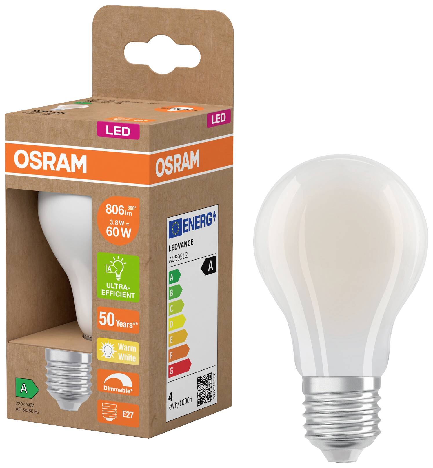 OSRAM HOMELIGHTING 4099854265501 LED EEK A (A - G) E27 Glühlampenform 3.8W = 60W Warmweiß (Ø x H) 60mm x 60mm 1St.
