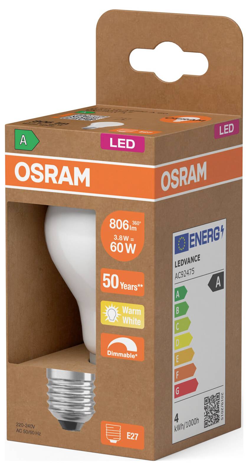 OSRAM LED-Glühbirne, Verpackung zeigt 3,8W, 60W-Entsprechung, warmweiß, E27-Sockel, 50 Jahre Lebensdauer und A-Energieklasse.
