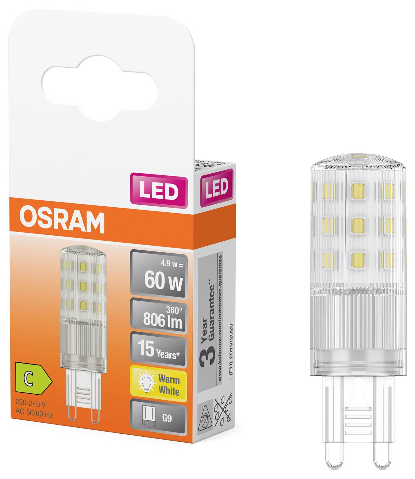 'OSRAM LED G9 Lampe, ersetzt 60 W, 806 lm, warmweiß, 15 Jahre Lebensdauer.' Produktabbildung zeigt die Verpackung und die Lampe.