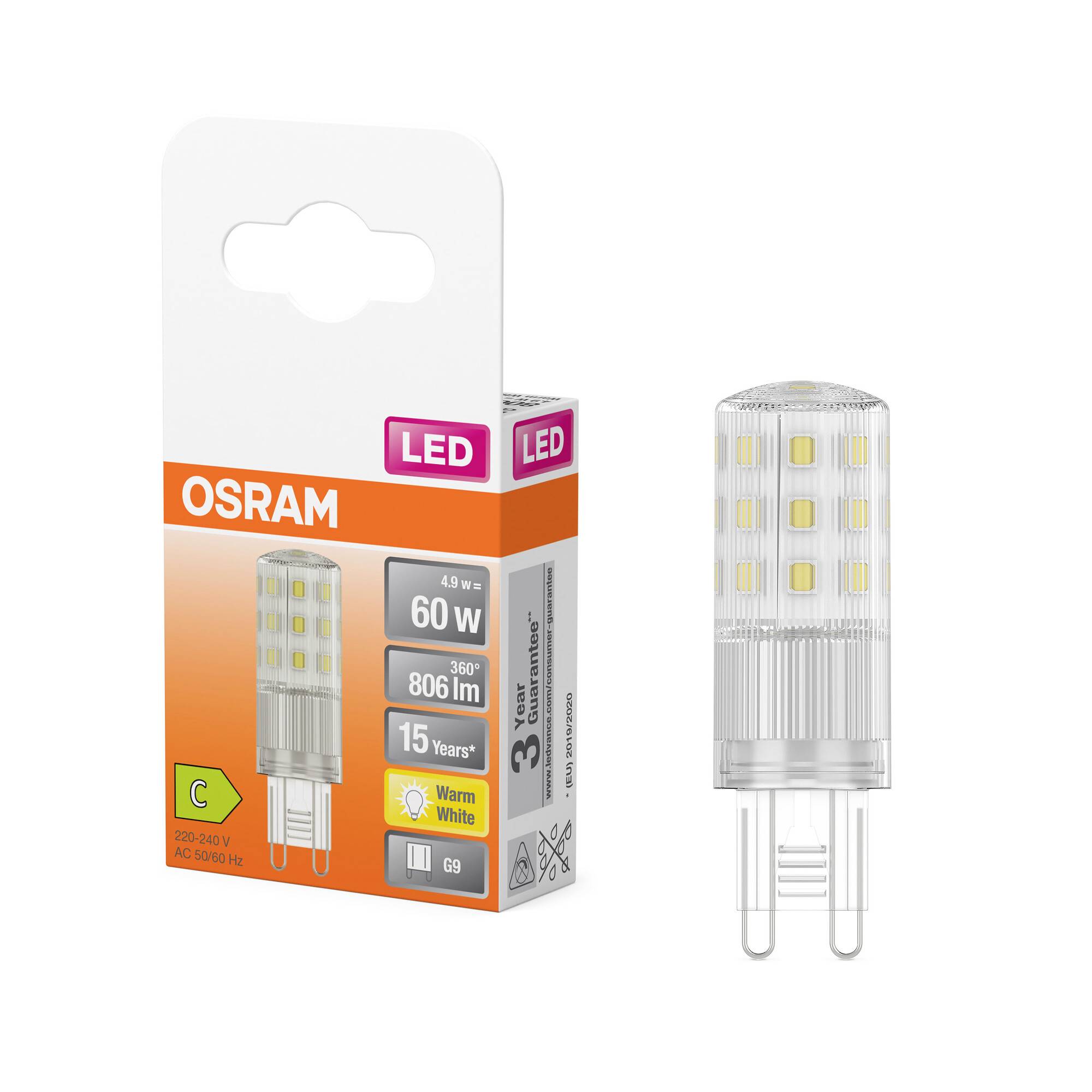 LED-Glühbirne von OSRAM, 60W, 806 Lumen, warmweiß, Energieklasse C, 15 Jahre Lebensdauer. Verpackung rechts im Bild.