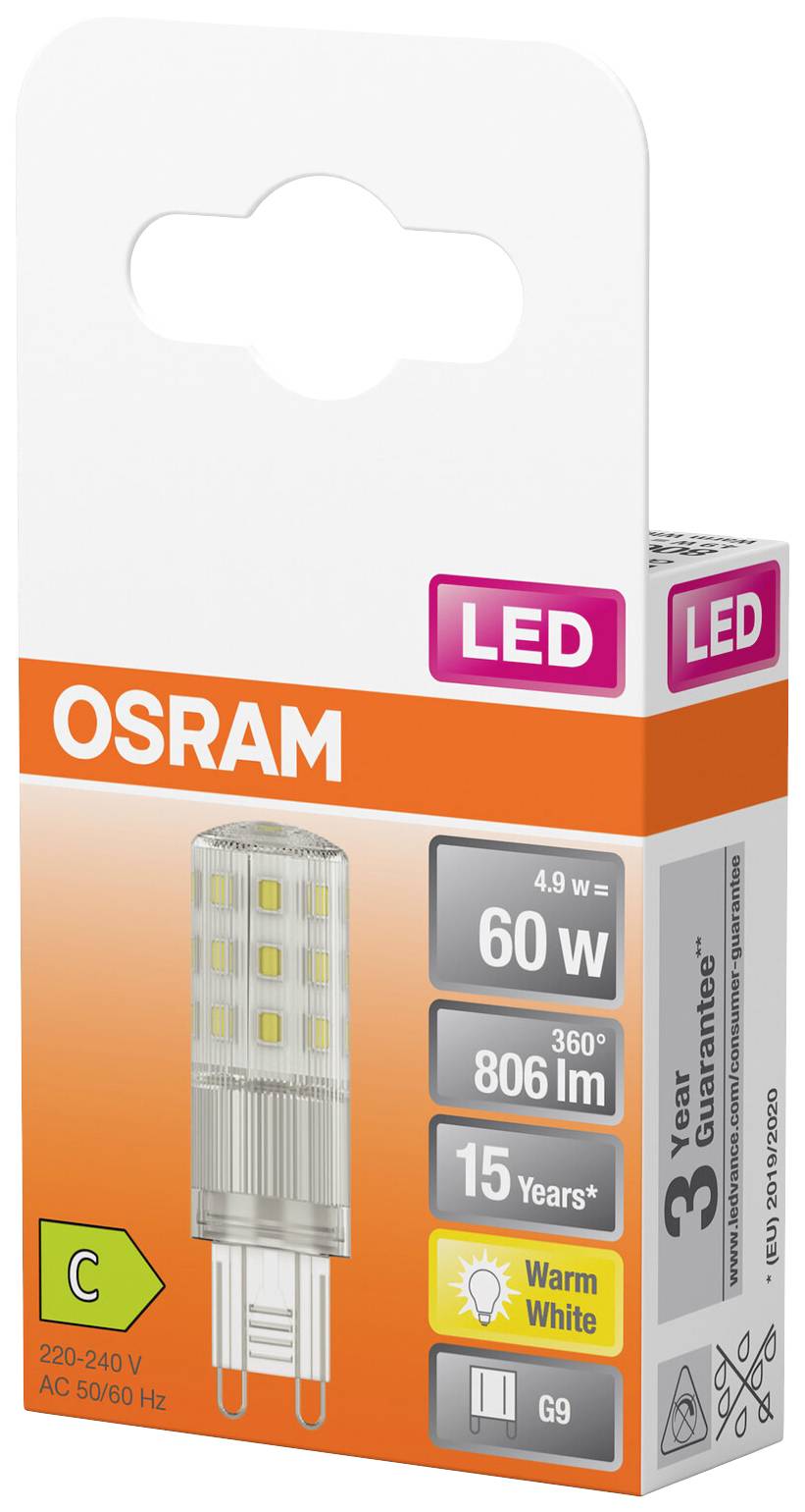 Eine LED-Lampe von OSRAM in einer Verpackung. Die Lampe hat 60 Watt, 806 Lumen, warmweißes Licht und eine Garantie von 3 Jahren.