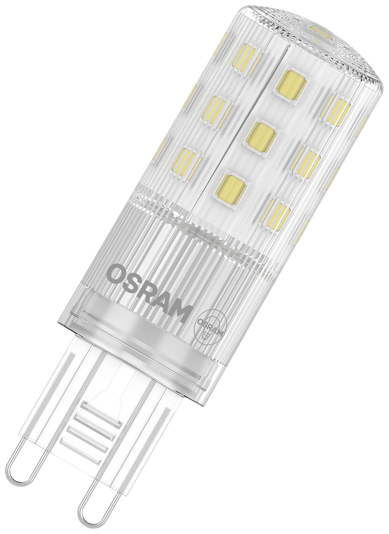 LED-Lampe von OSRAM mit klarer Hülle und gelben Leuchtdioden, geeignet für G9-Sockel.