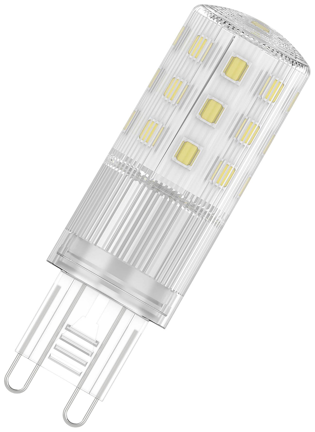 LED-Lampe mit G9-Sockel, transparentem Gehäuse und gelben Leuchtdioden, geeignet für energieeffiziente Beleuchtung.