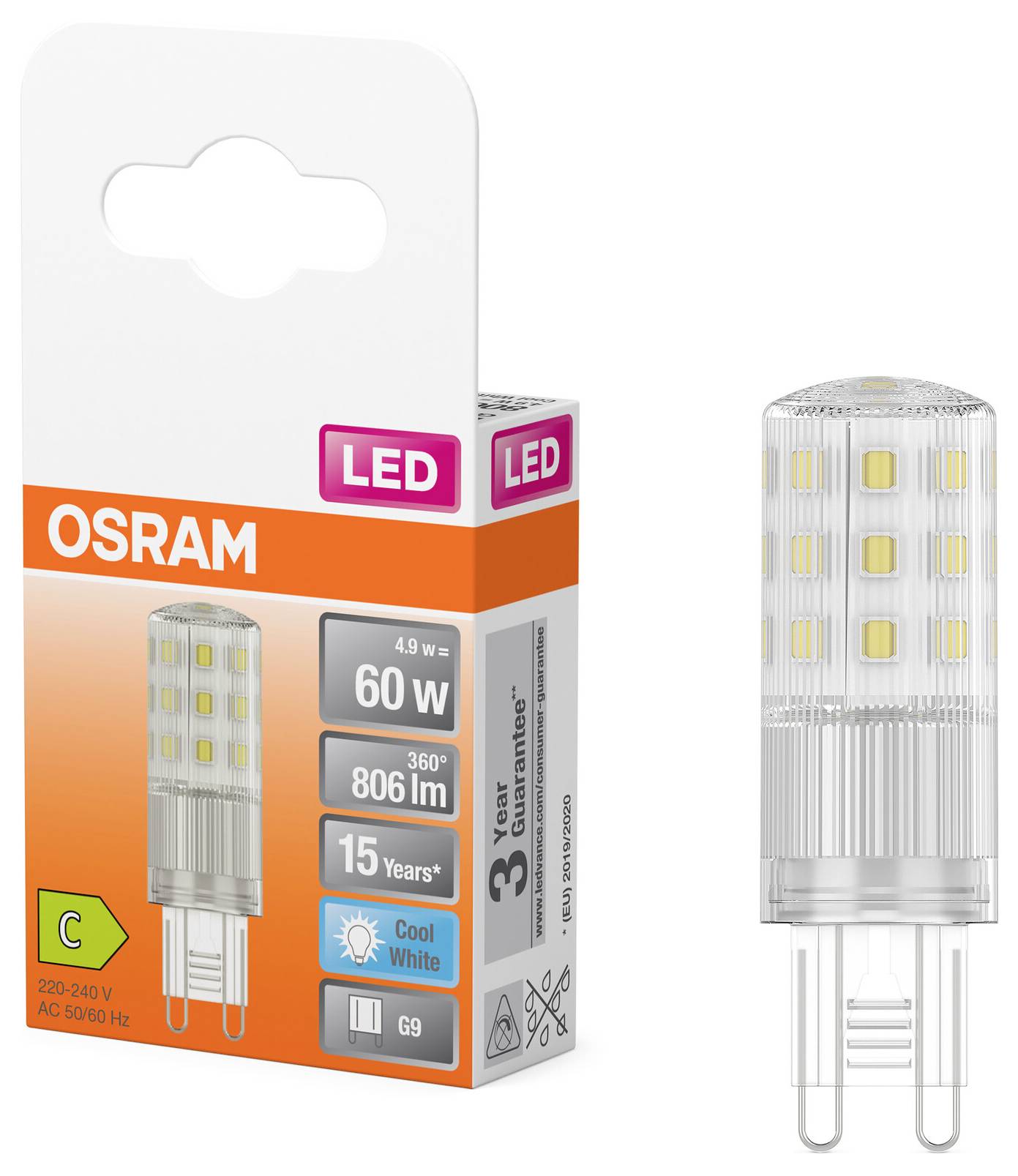 Osram LED-Leuchtmittel, 4,9 W, ersetzt 60 W, 806 lm, G9-Sockel, Energieklasse C, kaltweißes Licht, verspricht 15 Jahre Lebensdauer.