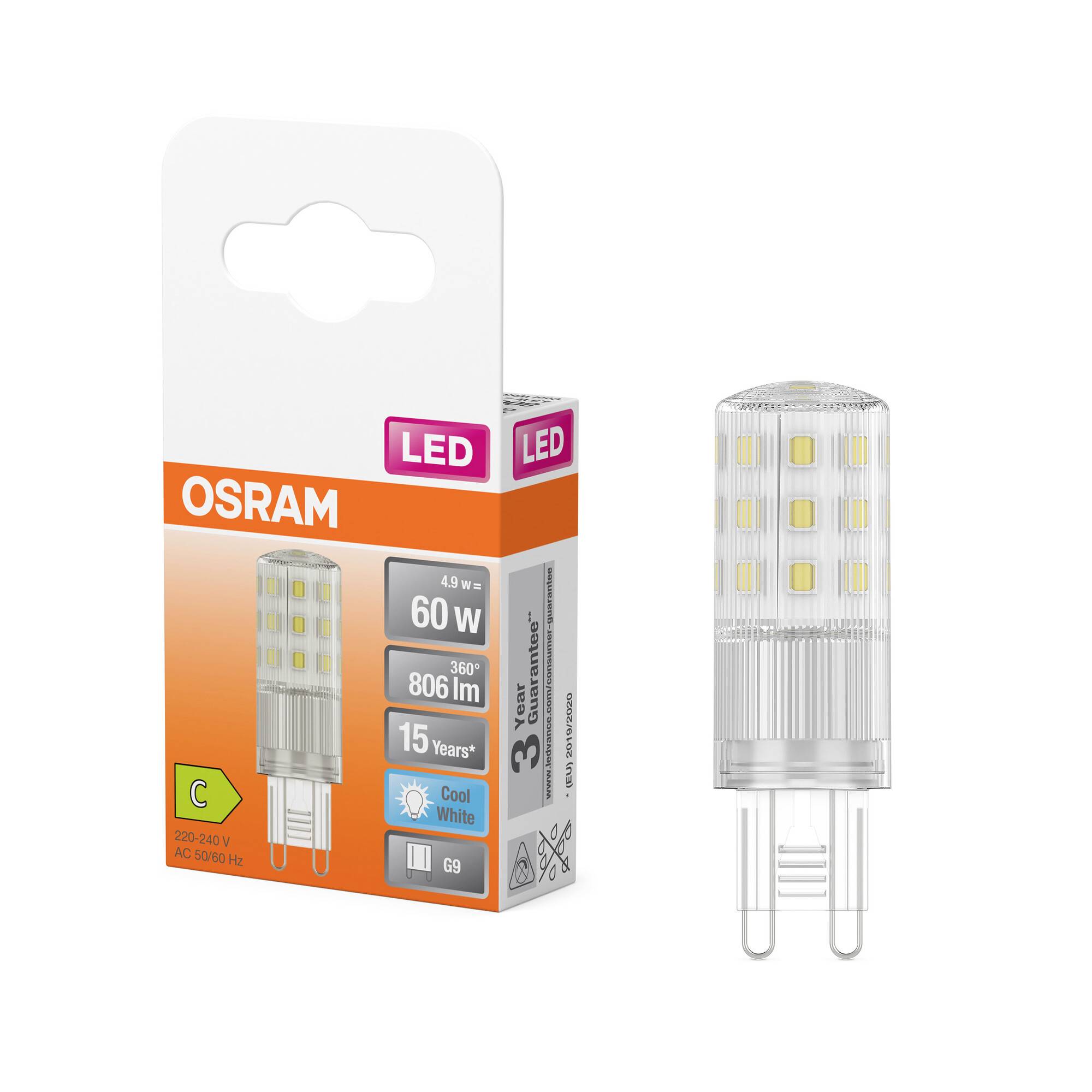 LED-Glühbirne von OSRAM, 60 W, 806 lm, G9-Fassung, 15 Jahre Lebensdauer, Energieklasse C. Verpackung zeigt Produktbild.