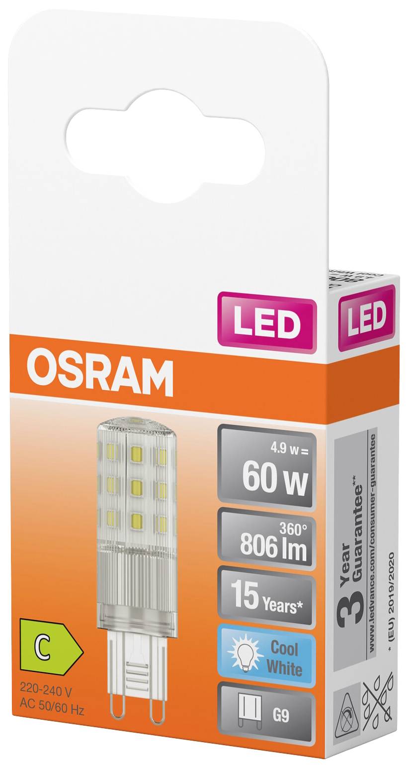 LED-Lampe von OSRAM, 4,9 W, 806 Lumen, 60 W-Äquivalent, Farbtemperatur Cool White, Energieklasse C, 3 Jahre Garantie, G9-Sockel.