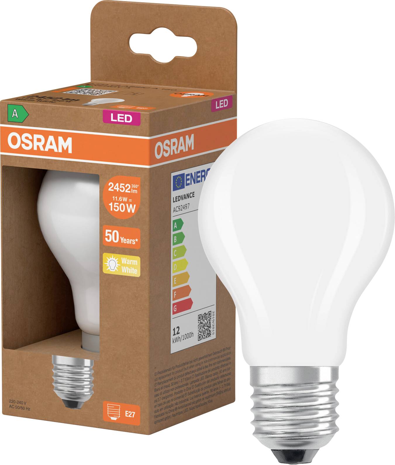 OSRAM LED-Glühbirne in brauner Einzelhandelspacung, mit Kennzeichnung 150W-Äquivalent, warmweiß, E27-Fassung.