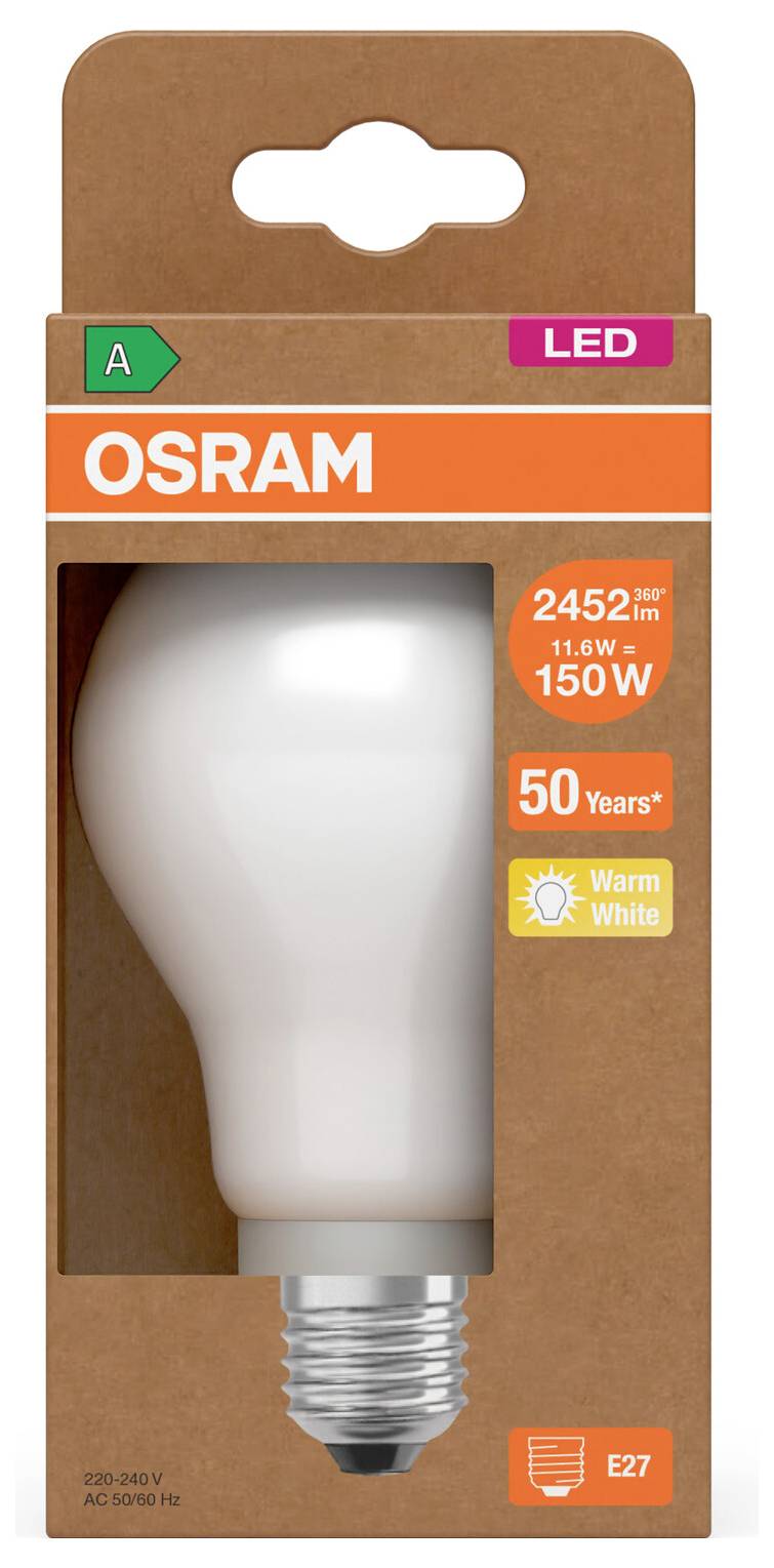 OSRAM LED-Glühbirne Verpackung, zeigt eine warmweiße 150W-Äquivalent-Glühbirne mit E27-Fassung und 2452 lm Lichtstrom.