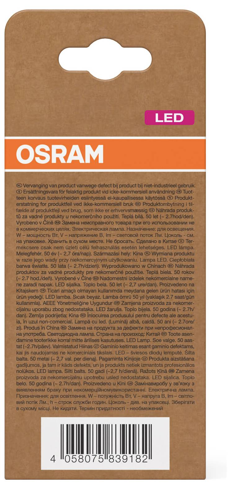 OSRAM LED-Glühbirnen-Verpackungsbox mit orangefarbigem Branding, dichtem Produkttext und einem Barcode unten.