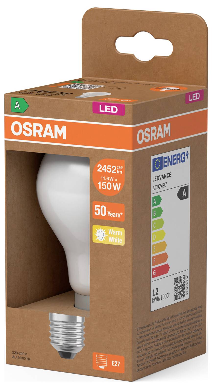 OSRAM LED-Glühbirne in orangefarbener Einzelhandelsverpackung, zeigt 2452 lm, 11,6 W, 150 W Entsprechung, warmweiß, 50 Jahre Lebensdauer und Energielabel A.