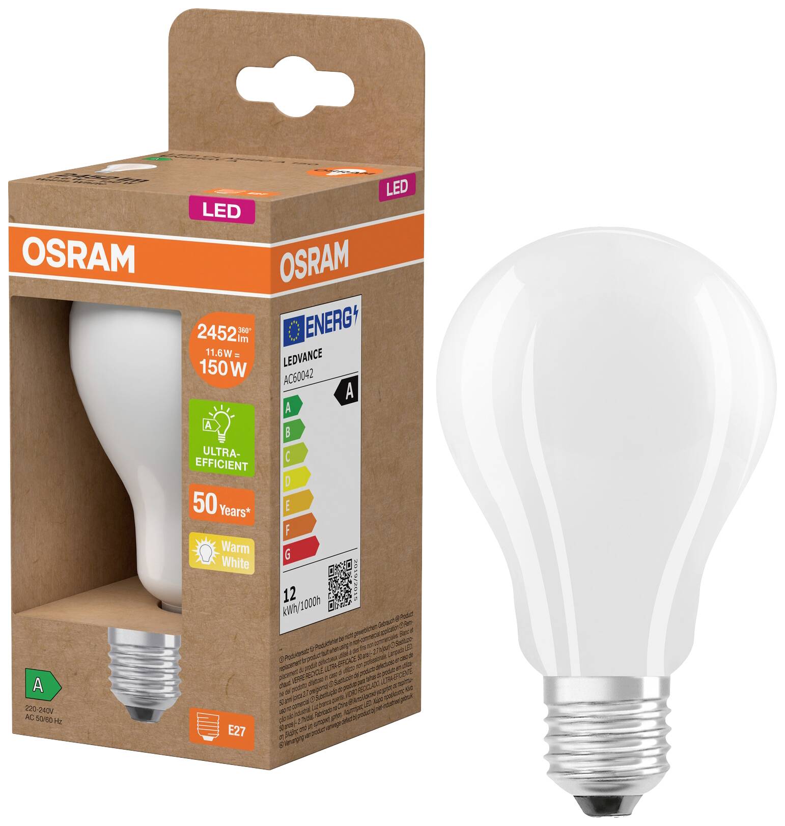 OSRAM HOMELIGHTING 4058075839182 LED EEK A (A - G) E27 Glühlampenform 11.6W = 150W Warmweiß (Ø x H) 70mm x 70mm 1St.