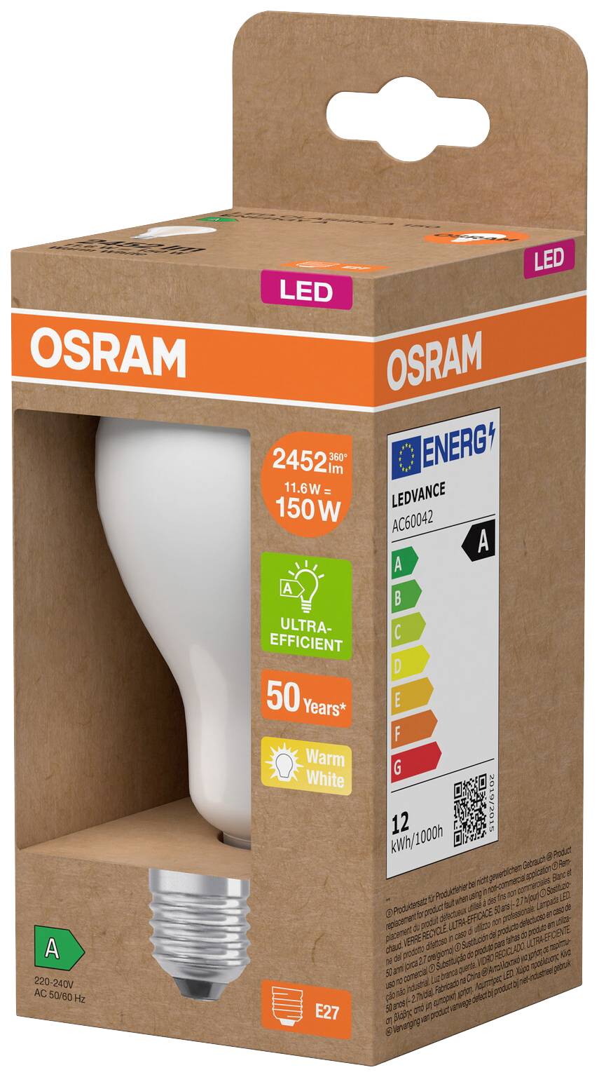 OSRAM HOMELIGHTING 4058075839182 LED EEK A (A - G) E27 Glühlampenform 11.6W = 150W Warmweiß (Ø x H) 70mm x 70mm 1St.