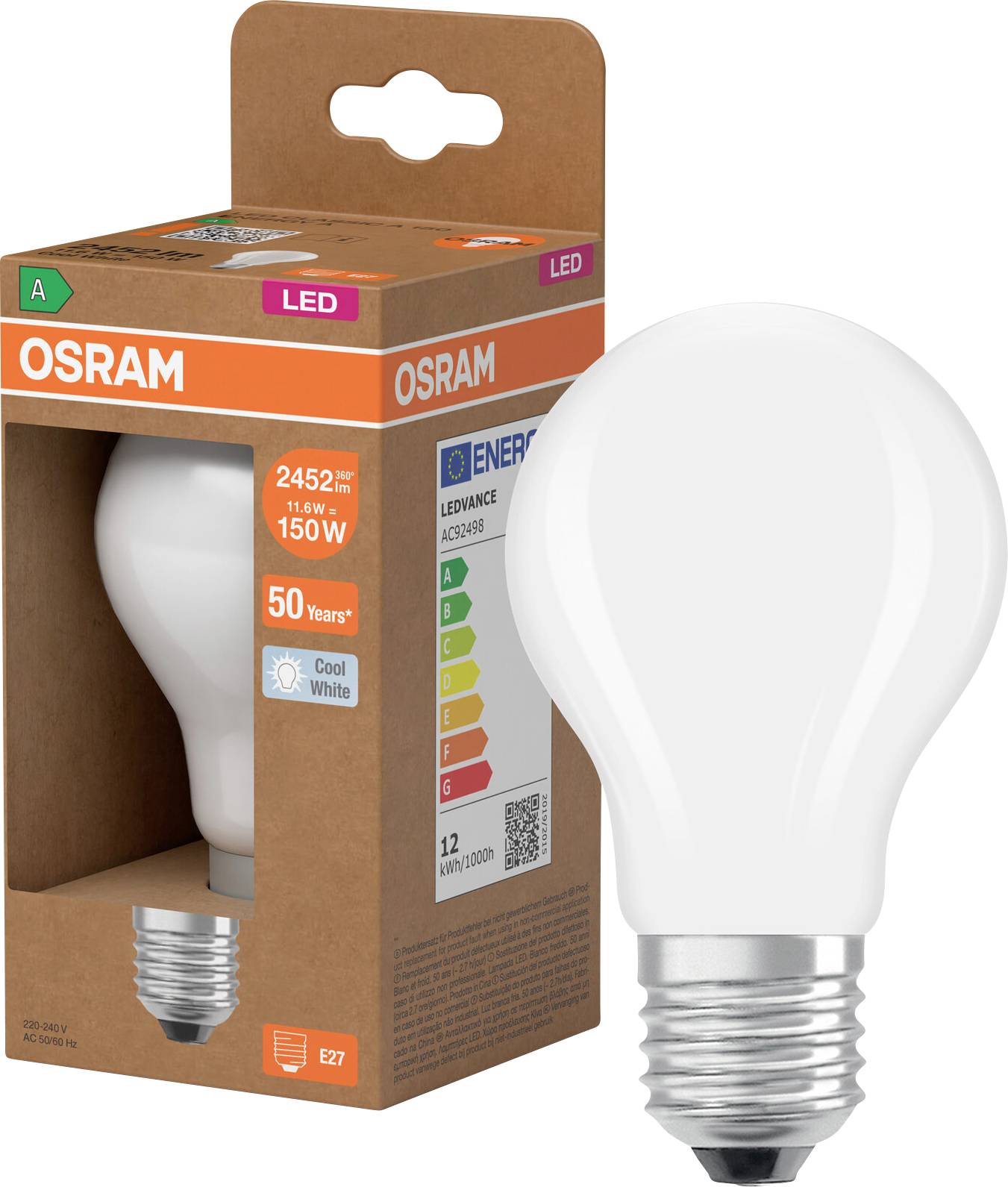 OSRAM LED-Glühbirne in Einzelhandelsverpackung, zeigt eine neutralweiße 150W-äquivalente Glühbirne mit E27-Sockel und Energieetikett.