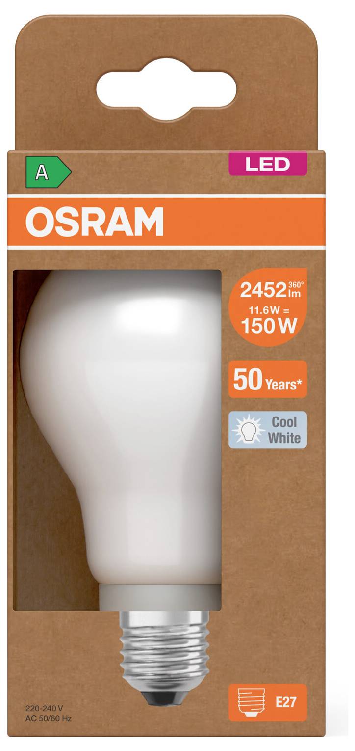 OSRAM LED-Glühbirne, Kaltweiß, E27-Fassung, 11W, 150W-Äquivalent, 2452 lm, 50 Jahre Lebensdauer, Klasse A.