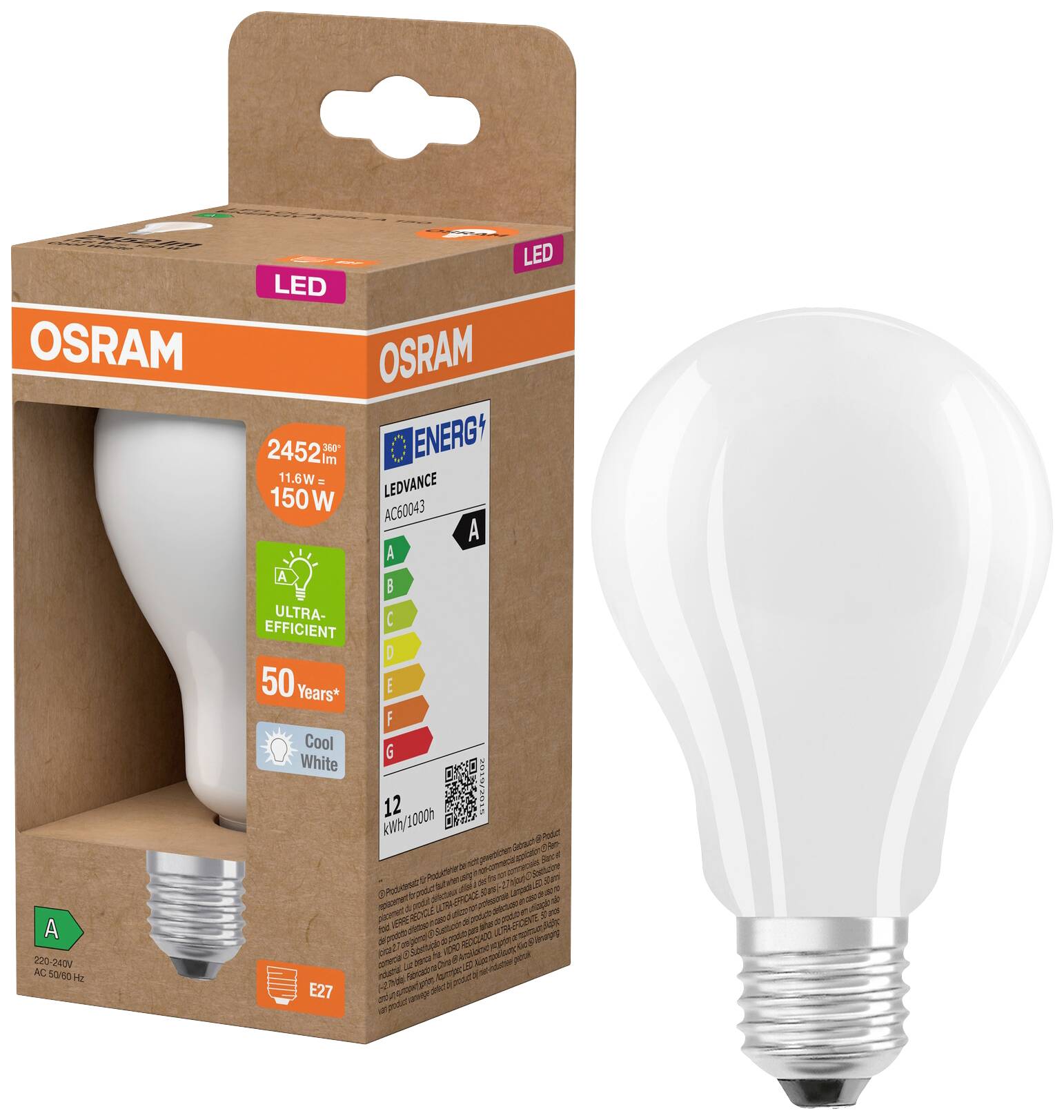 OSRAM HOMELIGHTING 4058075839205 LED EEK A (A - G) E27 Glühlampenform 11.6W = 150W Neutralweiß (Ø x H) 70mm x 70mm 1St.
