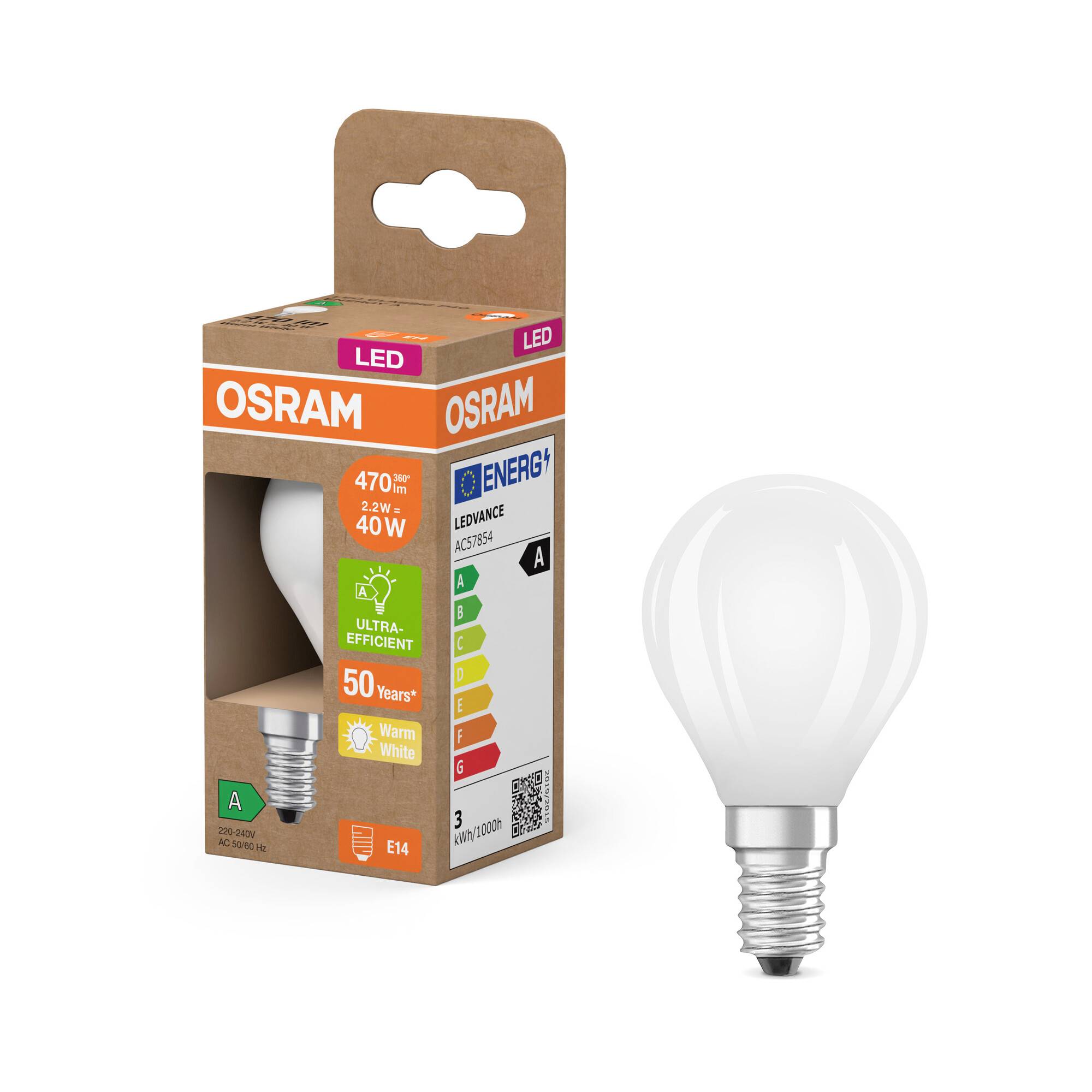 OSRAM HOMELIGHTING 4099854255755 LED EEK A (A - G) E14 Glühlampenform 2.2W = 40W Warmweiß (Ø x H) 45mm x 45mm 1St.