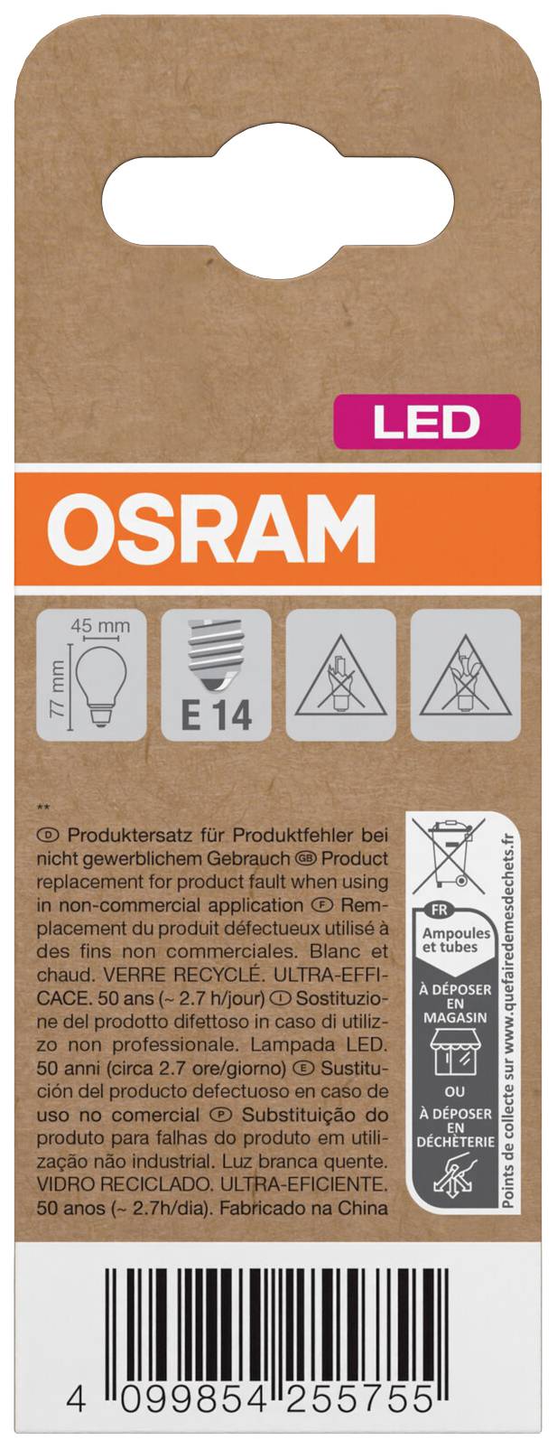 OSRAM HOMELIGHTING 4099854255755 LED EEK A (A - G) E14 Glühlampenform 2.2W = 40W Warmweiß (Ø x H) 45mm x 45mm 1St.
