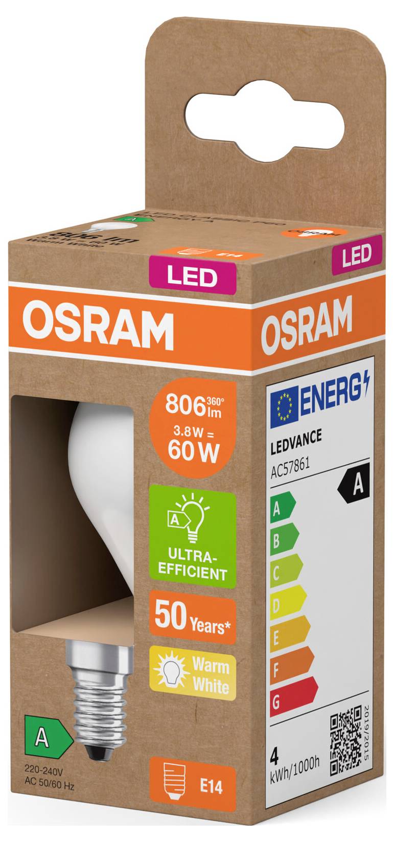 Glühbirnenverpackung mit LED 60W-Äquivalent, 806 Lumen, Energieklasse A, warmweiß, Lebensdauer 50 Jahre. Markierung: OSRAM E14.