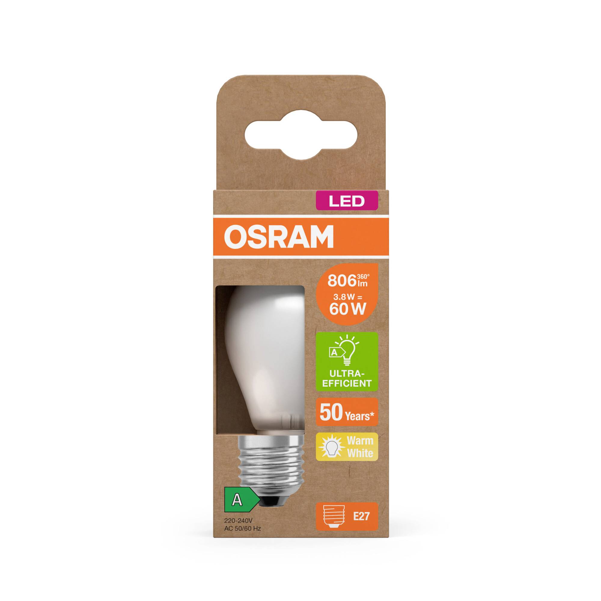 Eine LED-Glühbirne von OSRAM in einer Verpackung. Sie bietet 806 Lumen, ist ultraeffizient, und 'Warm White' mit 50 Jahren Lebensdauer. Energieklasse A.