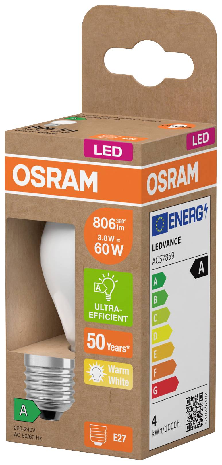 Verpackung einer LED-Glühbirne von Osram. Details: 806 Lumen, 3.8W, E27 Sockel, Energieklasse A, warmweiß, 50 Jahre Lebensdauer.
