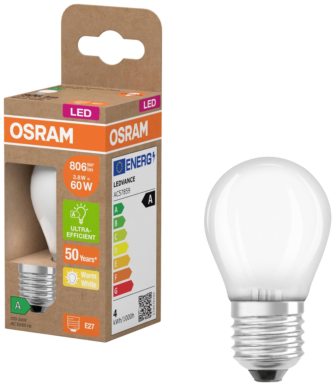 Energiesparende LED-Glühbirne von Osram, warmweiße Lichtfarbe, 806 Lumen, 60W Äquivalent. Lampenverpackung zeigt Effizienzklasse A.