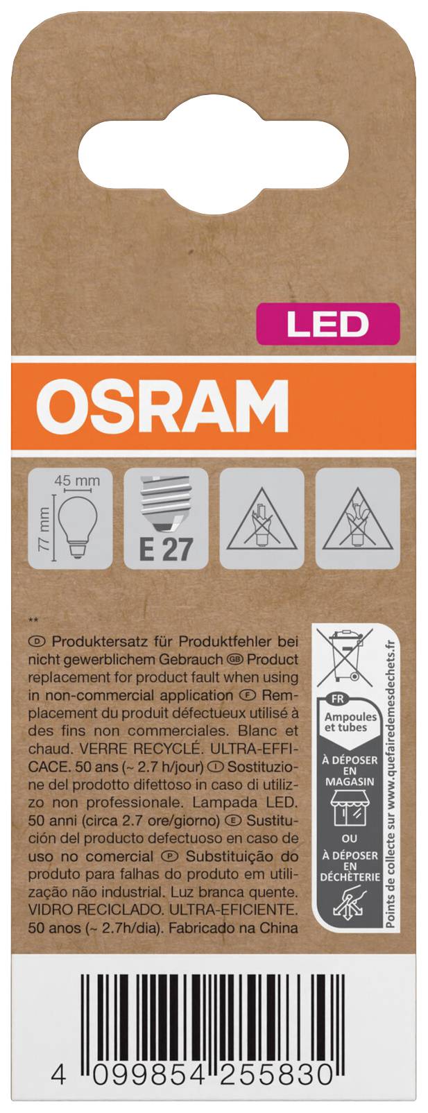 Osram LED-Lampe Verpackung, geeignet für E27 Fassung. Leistungsaufnahme 7W, ersetzt 50W Halogen. Enthält Symbole für technische Spezifikationen.