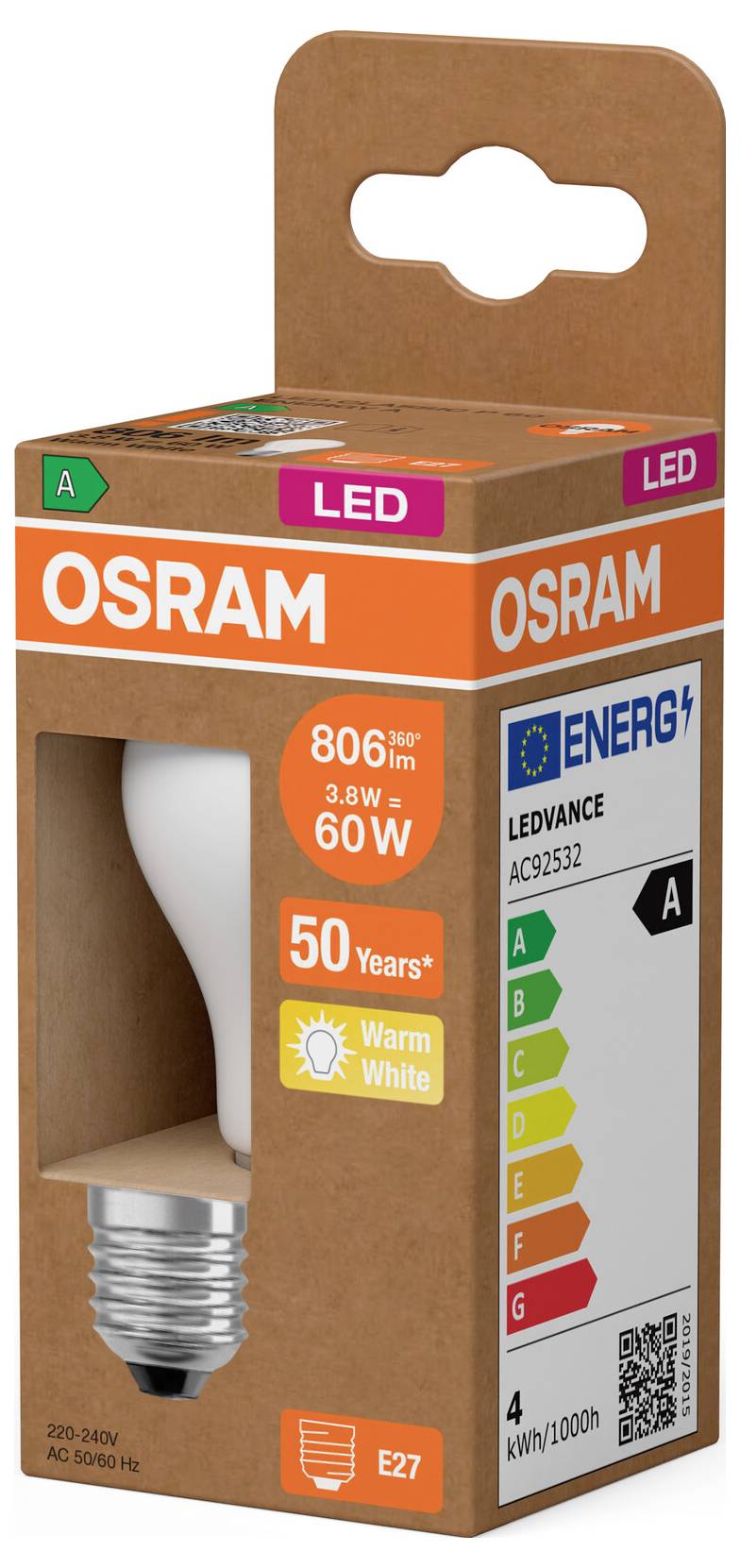 OSRAM LED-Glühlampen-Verpackung, zeigt eine warmweiße 3,8-W-Birne, entspricht 60W, E27-Sockel, 806 lm, Energieklasse A.
