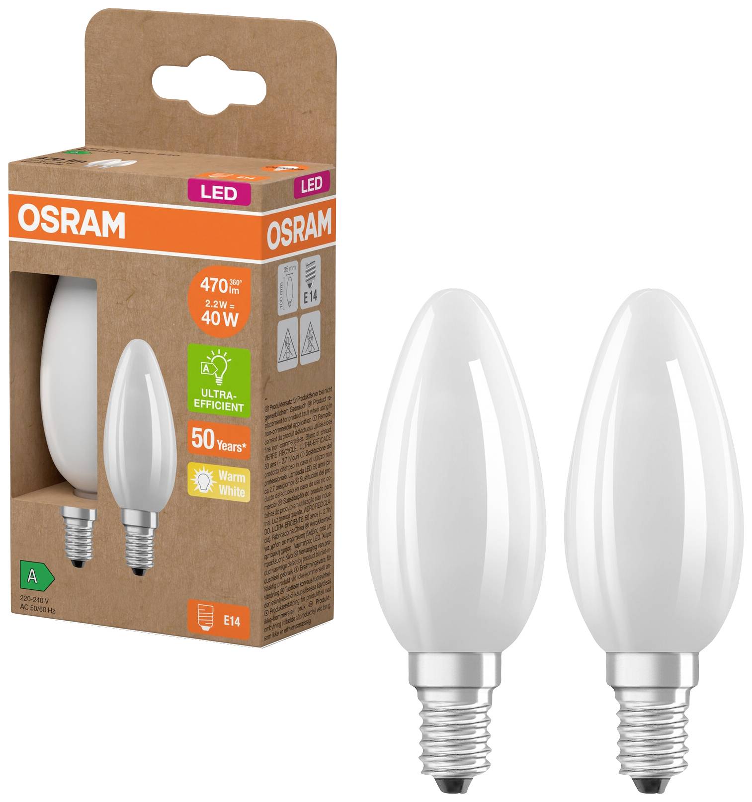 OSRAM HOMELIGHTING 4099854253805 LED EEK A (A - G) E14 Kerzenform 2.2W = 40W Warmweiß (Ø x H) 35mm x 35mm 2St.