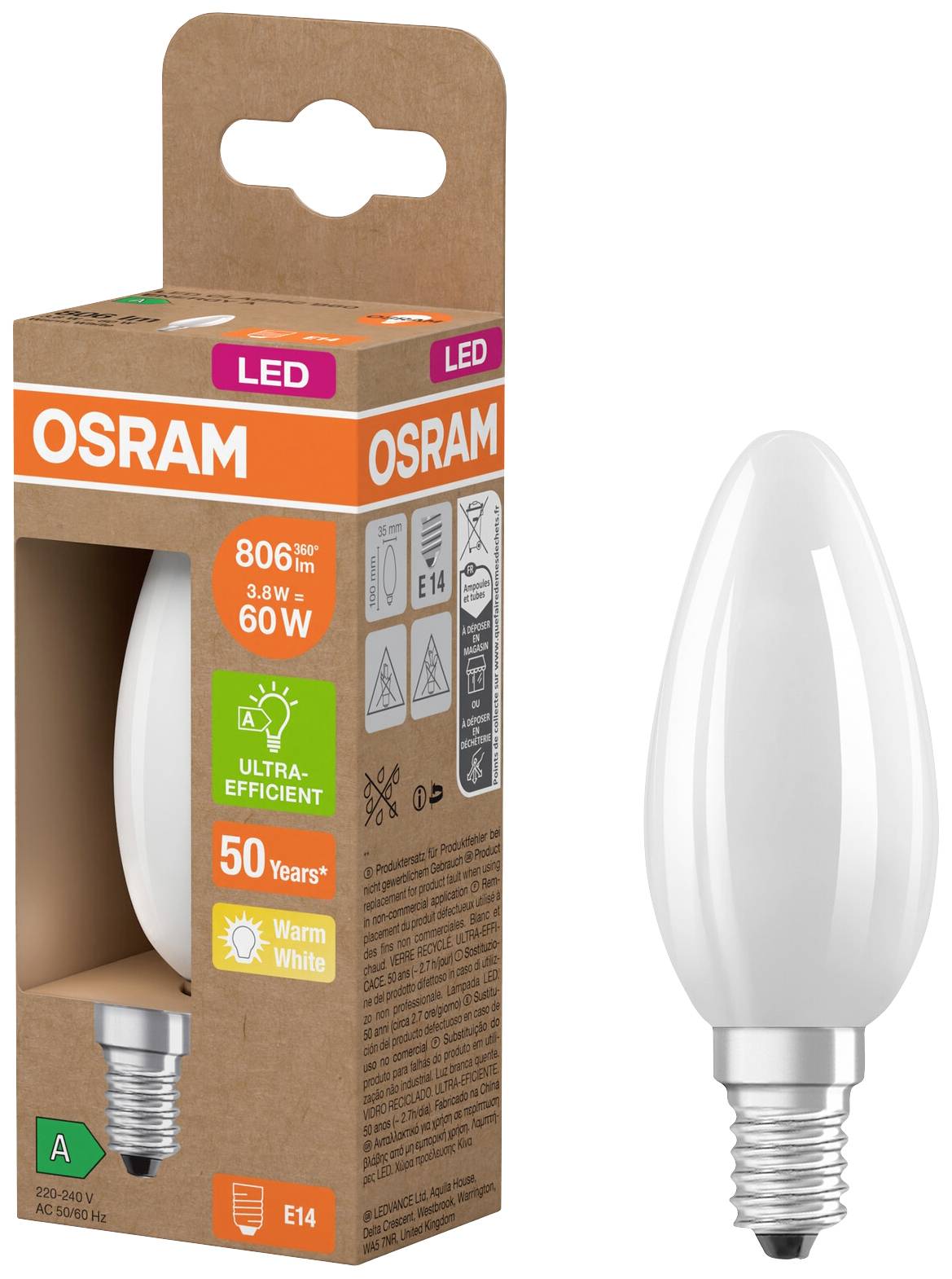 OSRAM HOMELIGHTING 4099854255717 LED EEK A (A - G) E14 Kerzenform 3.8W = 60W Warmweiß (Ø x H) 35mm x 35mm 1St.