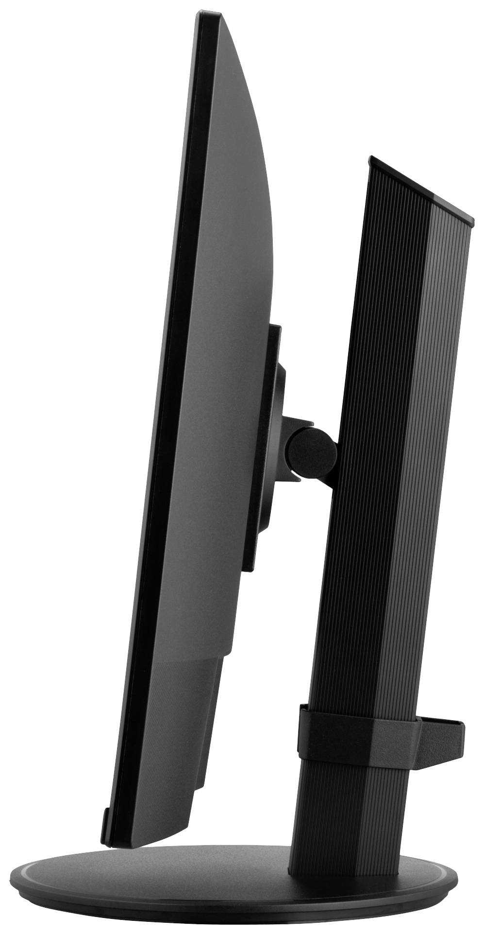 Seitenansicht eines schwarzen Desktop-Monitors mit dünnem Rahmen und rundem Standfuß.