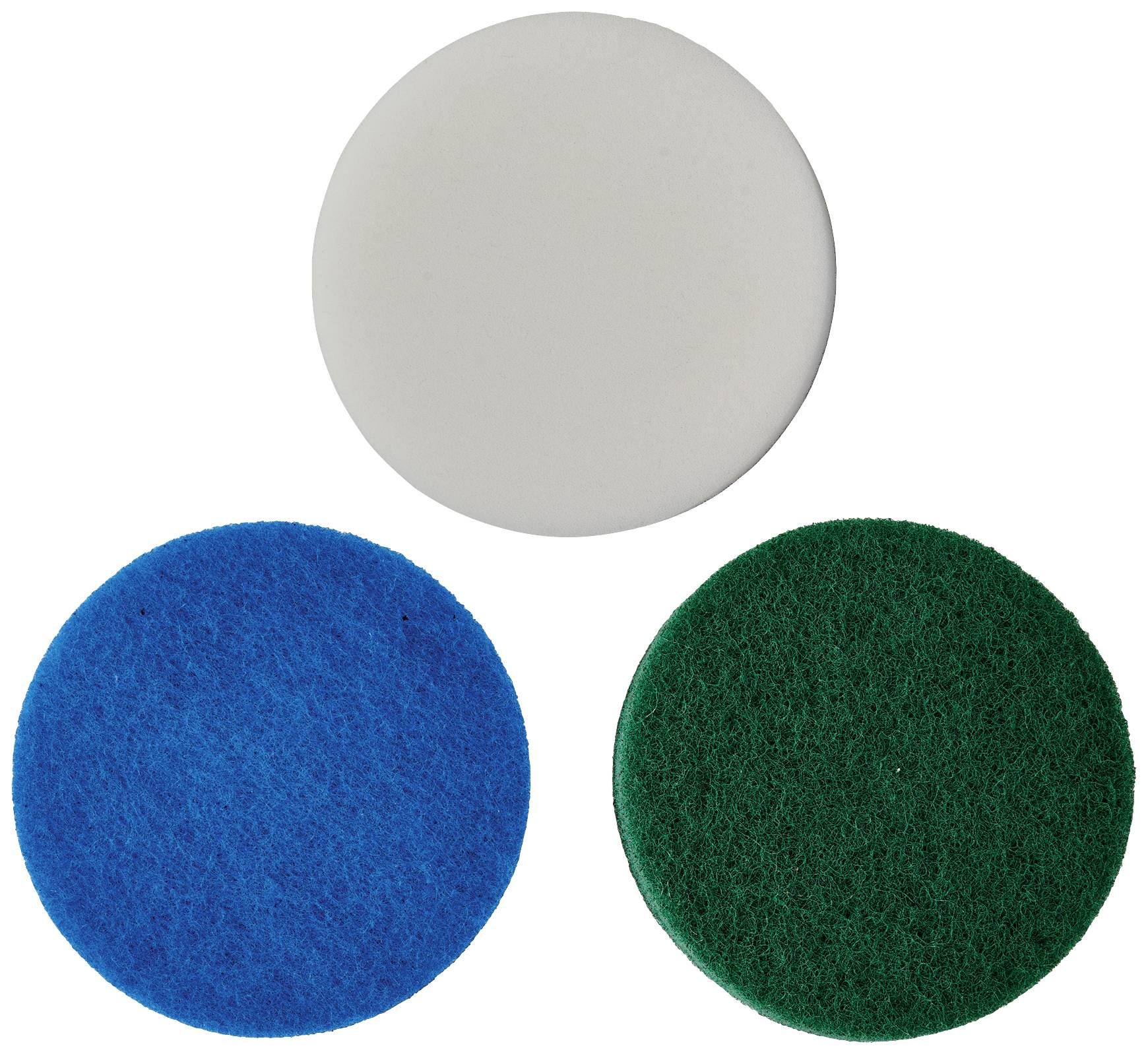 Drei runde Reinigungspads: oben weiß, unten links blau und unten rechts grün, jeweils mit unterschiedlicher Textur.