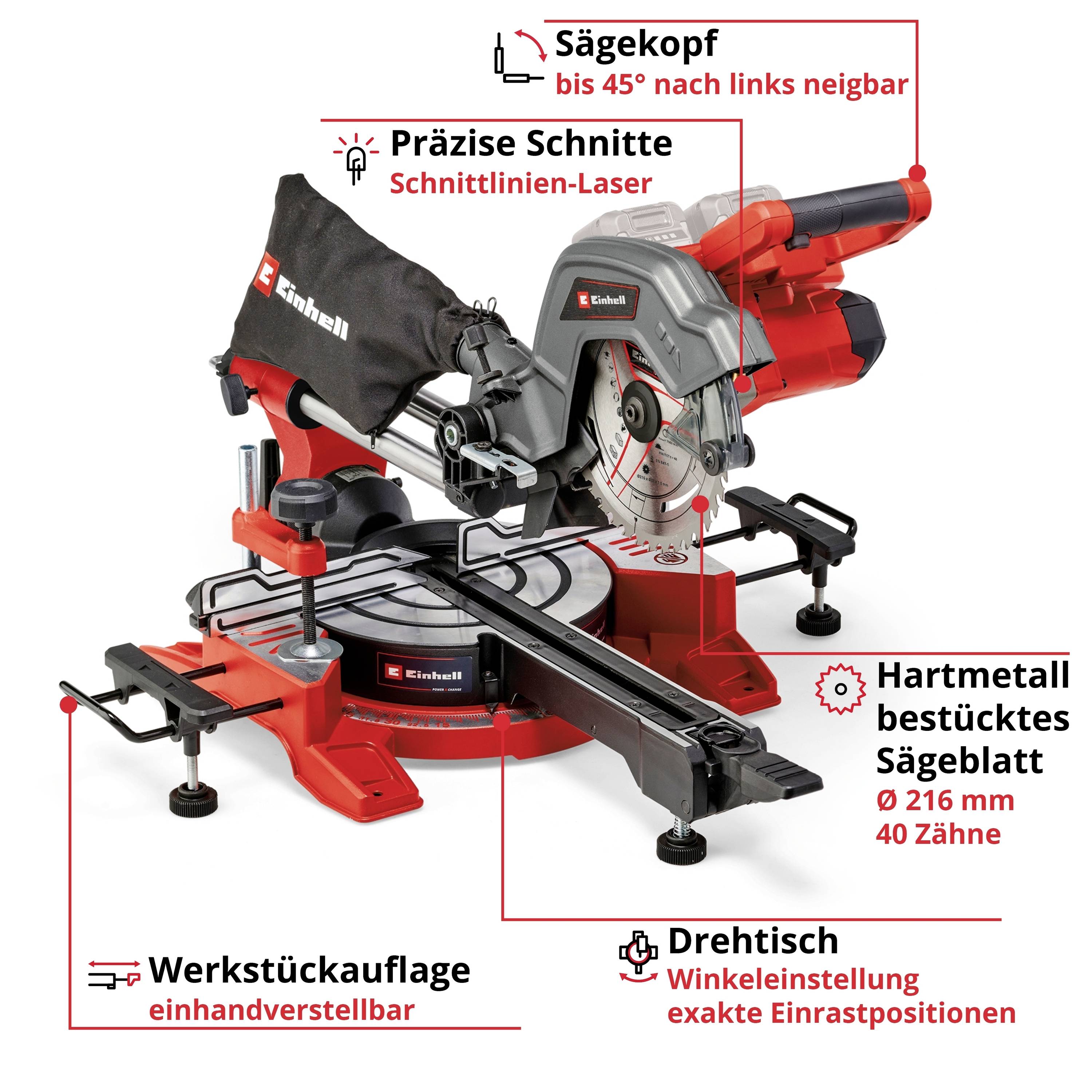 Einhell TE-SM 36/8L Li-Solo Power X-Change Akku-Kapp- und Gehrungssäge ohne Ladegerät, ohne Akku 216mm 30mm