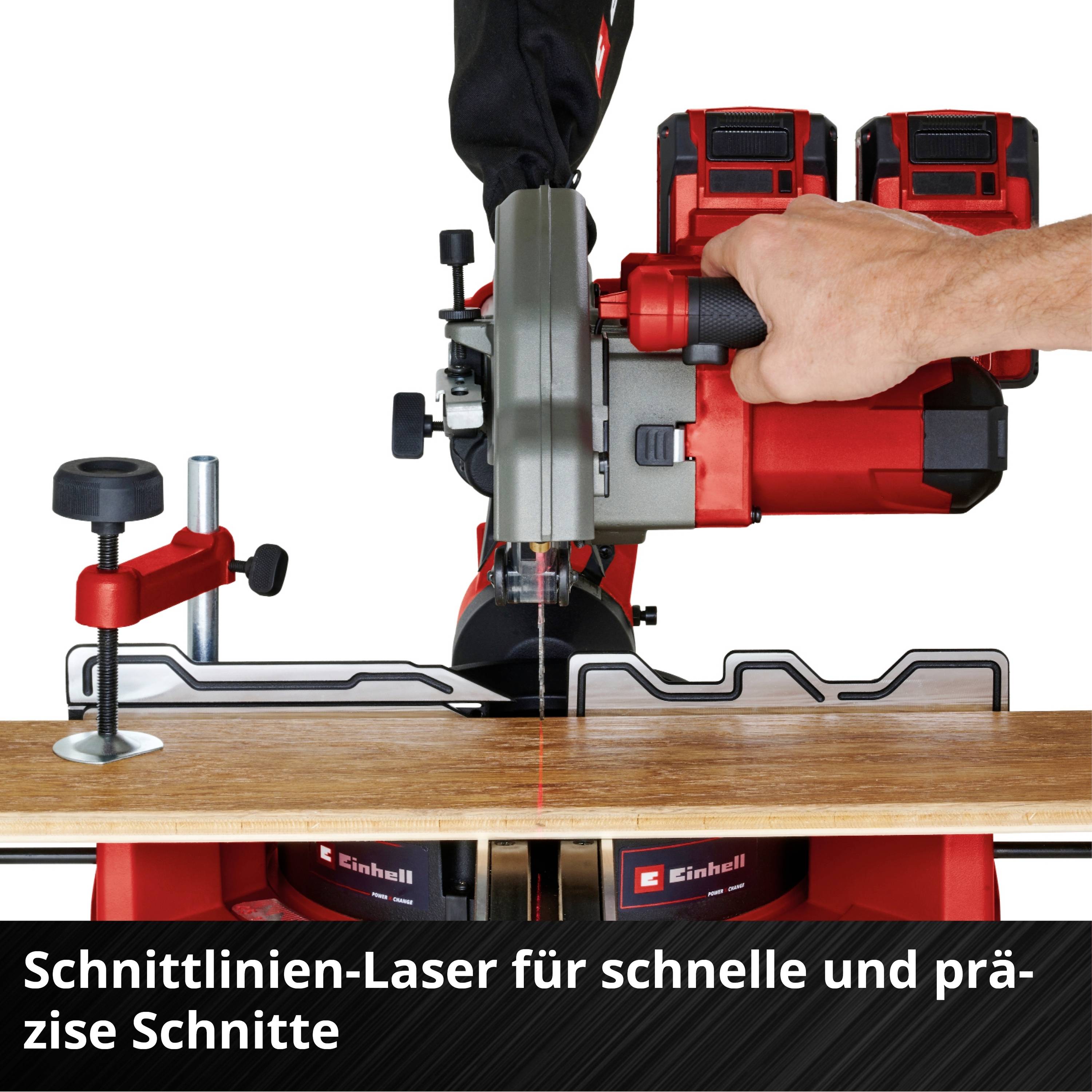 Eine Hand benutzt eine Tischsäge mit Schnittlinien-Laser, die ein Holzstück schneidet. Text: 'Schnittlinien-Laser für schnelle und präzise Schnitte'.