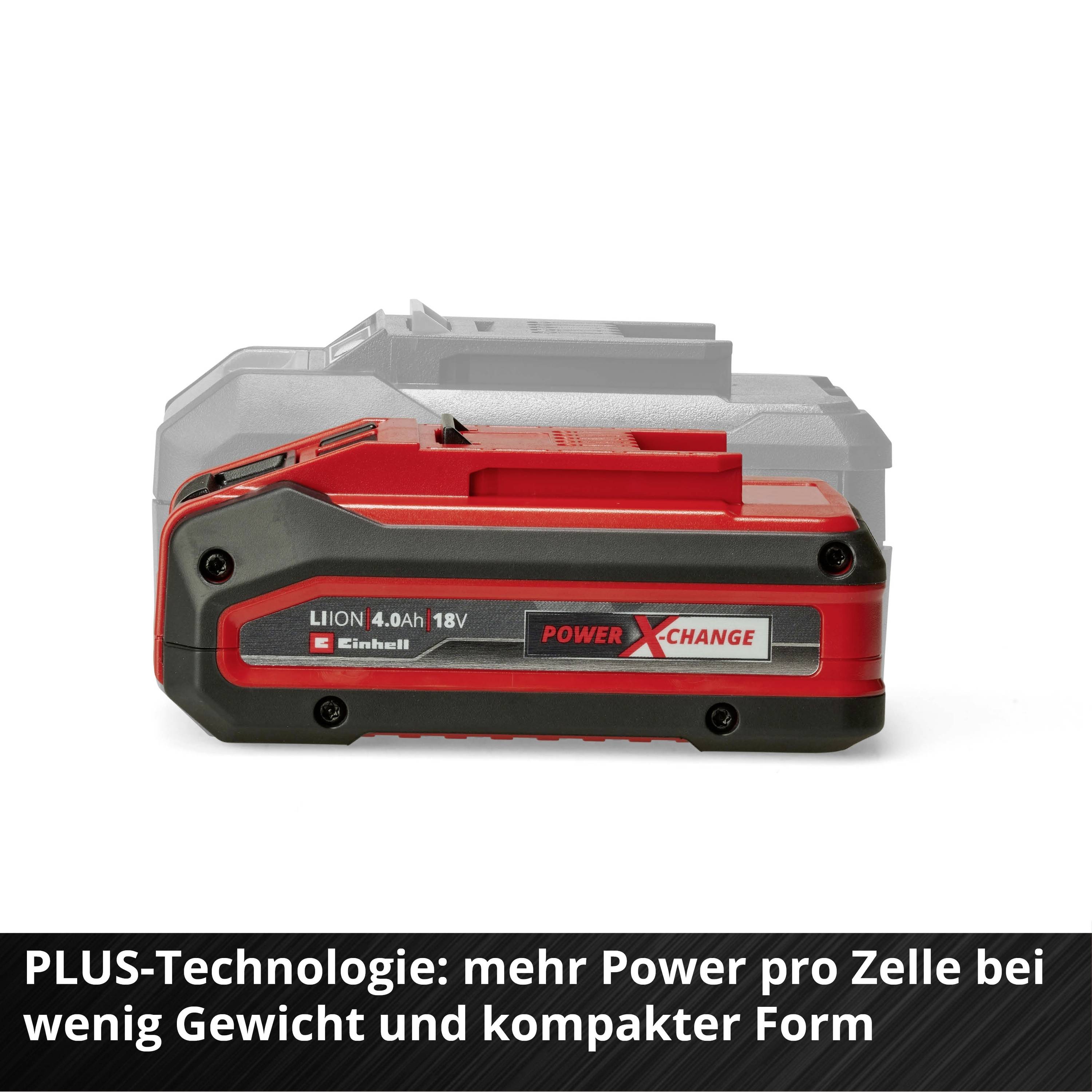 Lithium-Ionen-Akku mit PLUS-Technologie, 18V, 4,0Ah. Bietet mehr Leistung pro Zelle, geringes Gewicht und kompakte Form.