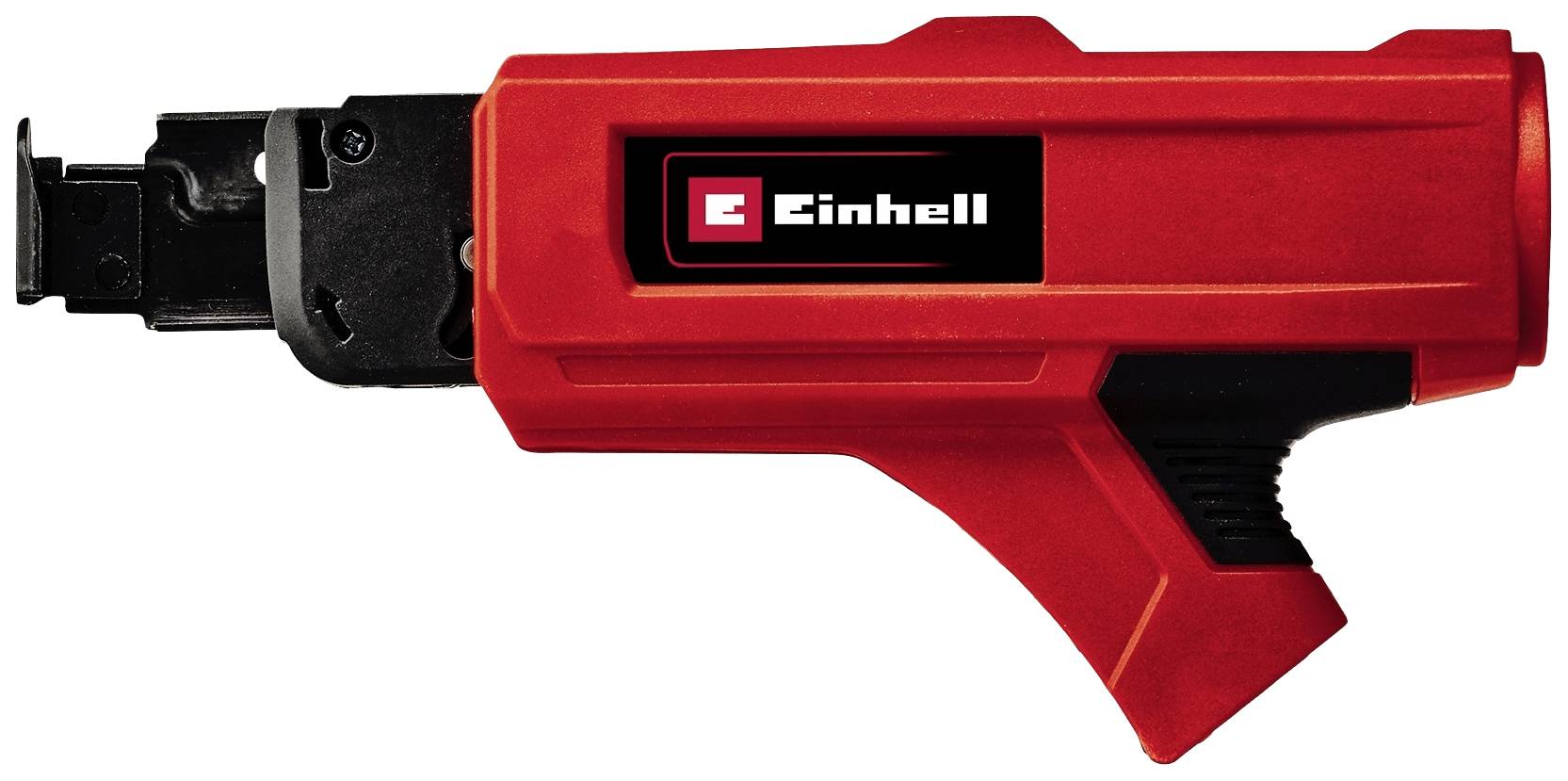 Ein rotes Einhell Elektrowerkzeug, wahrscheinlich ein Bolzenschussgerät, mit schwarzem Griff, dargestellt im Profil nach rechts.