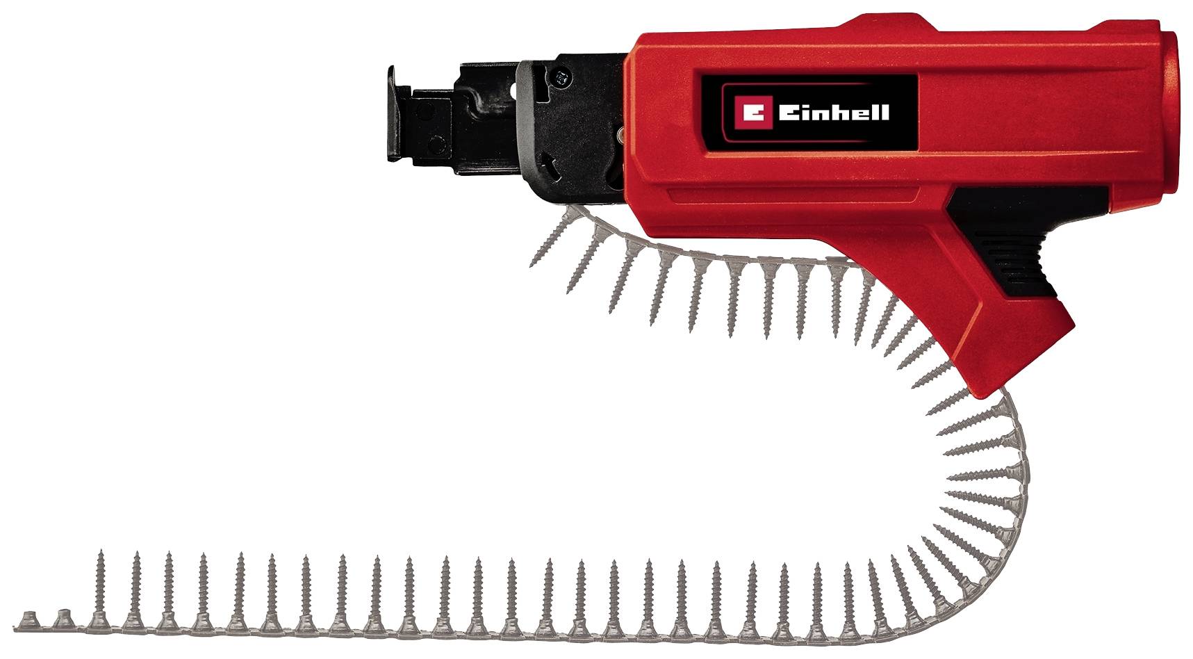 Einhell Magazinschrauberaufsatz in Rot mit einem Band von Schrauben darunter.