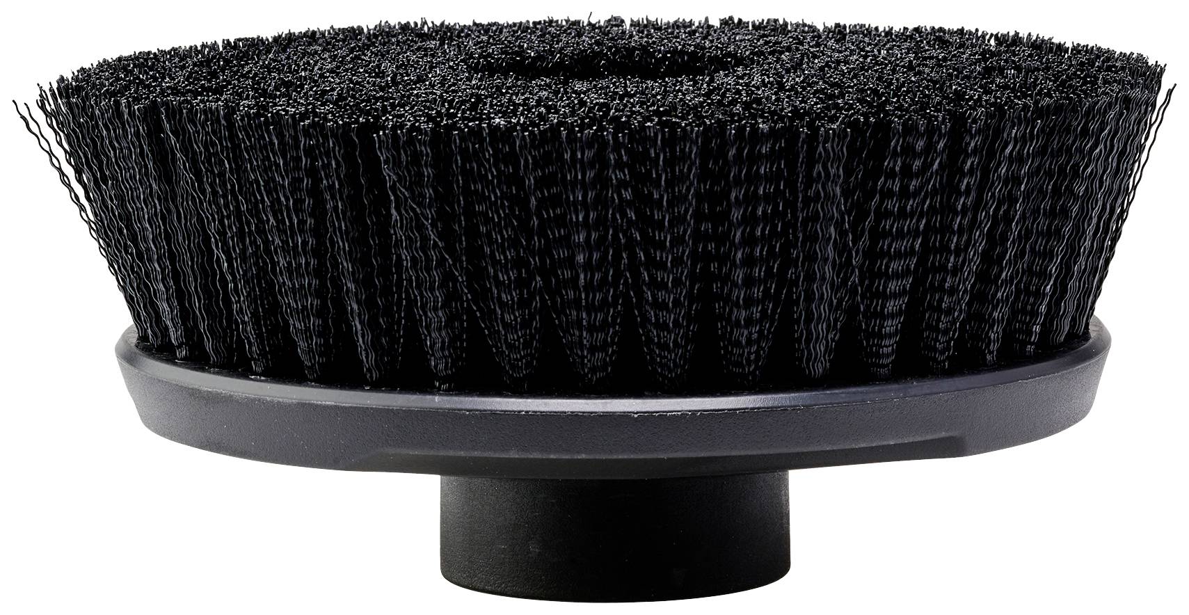 Eine runde Reinigungsbürste mit dichten schwarzen Borsten und einem Kunststoffboden, verwendet für gründliche Oberflächenreinigung.