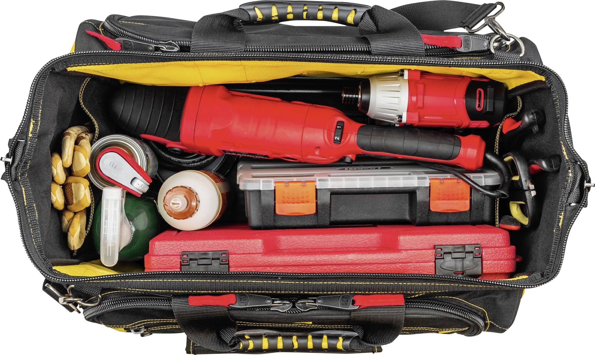 Werkzeugtasche gefüllt mit verschiedenem Werkzeug wie Schraubendreher, Bohrer und Kabel, passend zum Heimwerken oder Reparaturen.